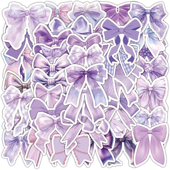Purple Bow Stickers 55Pcs Vinyl Cute Aesthetic Bows Stickers for Water Bottle Scrapbook Laptop Luggage Helmet Bike Computer Motorcycle Skateboard,Waterproof Funny Trendy Decals for Teens Girls Women