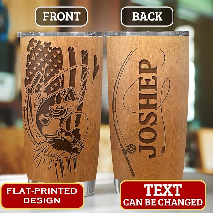 wowcugi Custom Tumbler For Men 20oz 30oz Born To Fish Forced To Work Personalized Insulated Cup Gifts For Fishing Wood Style Mug For Dad Grandpa Husband Boyfriend Son Birthday Valentines Fathers Day