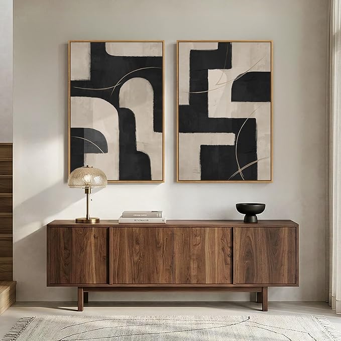 Large Framed Modern Neutral Abstract Wall Art, Geometric Pictures - Image 2