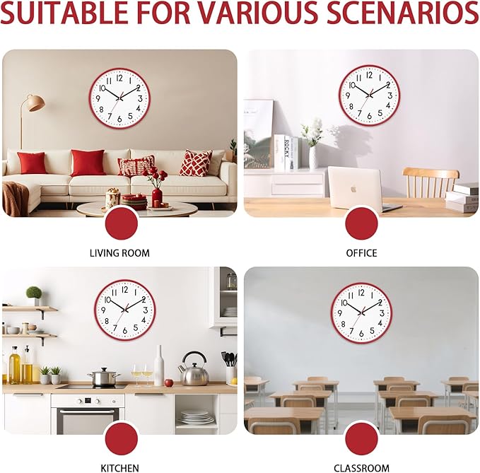 HZDHCLH Wall Clock Red, Silent Wall Clocks Battery Operated 12 Inch Modern Non - Image 5