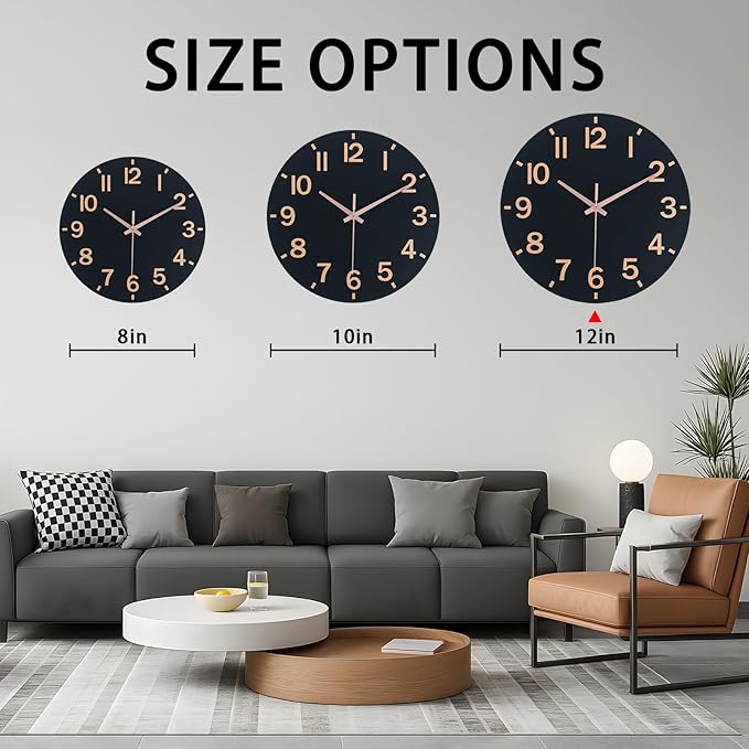 HZDHCLH Wall Clock 12 Inch Silent Non Ticking Wood Battery Operated Black - Image 5