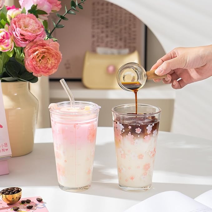 15oz Glass Tumbler with Glass Straw and Lid, Cute Iced Coffee Cups, Aesthetic Glass Cups, Coffee Tumbler, Water Cup, Matcha Cup, Drinking Glasses (Cherry blossom)
