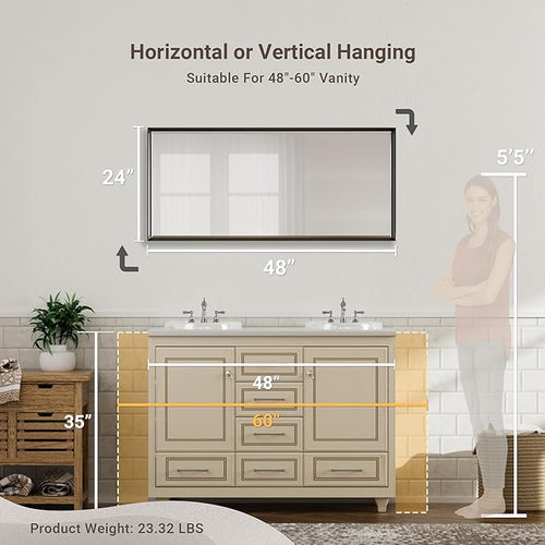 48 x 24 Black Framed Mirror for Bathroom, Beveled Black Bathroom Vanity Mirror - Image 2