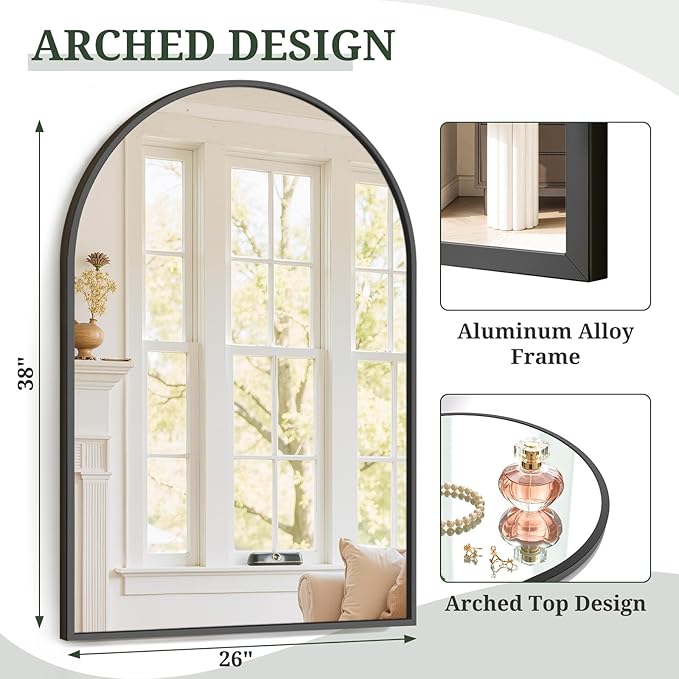 Arched Wall Mirror 38x26 Inch Black Bathroom Vanity Mirror - Image 3