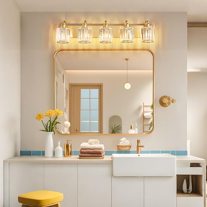 Modern Crystal Bathroom Vanity Light 5 Lights Crooked Gold Over Mirror Wall - Image 6