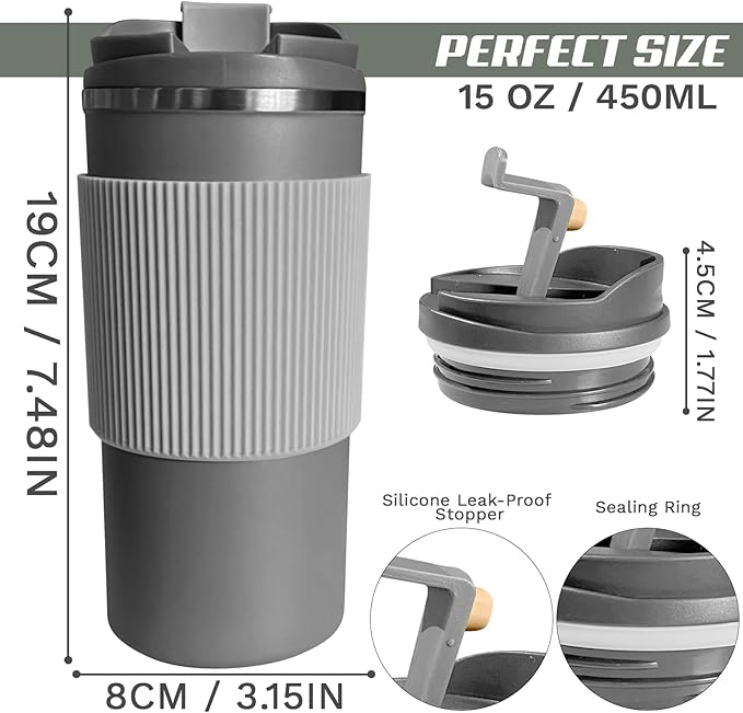YINBAOGE Insulated Travel Coffee Mug Spill Proof Leak Proof Pobtable To Go Camping Stainless Steel Coffee Tumbler Reusable Coffee Cups with Lids Thermos for Hot and Cold Drink (4th-Gray, 15OZ)