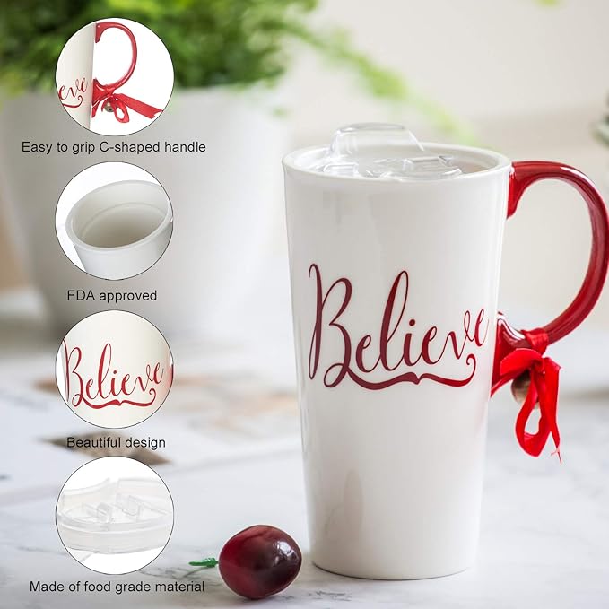 Topadorn Christmas Ceramic Mug Porcelain Coffee Cup with Tritan Lid and Box,17 oz Bell Decorated (Believe)