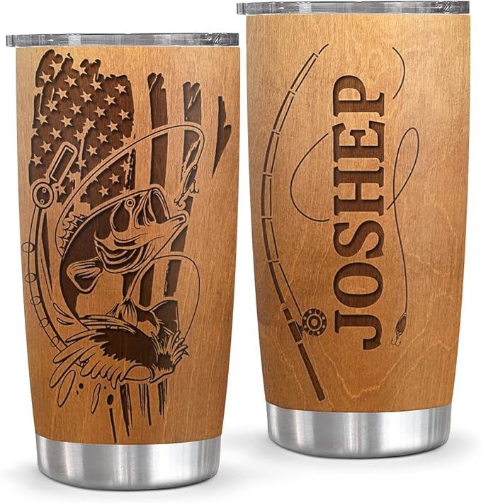 wowcugi Custom Tumbler For Men 20oz 30oz Born To Fish Forced To Work Personalized Insulated Cup Gifts For Fishing Wood Style Mug For Dad Grandpa Husband Boyfriend Son Birthday Valentines Fathers Day