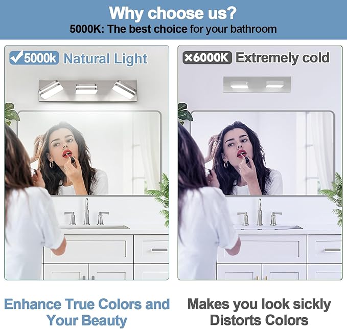 360° Rotate LED Bathroom Vanity Light Fixtures, 1300LM Acrylic Brushed Nickel - Image 3