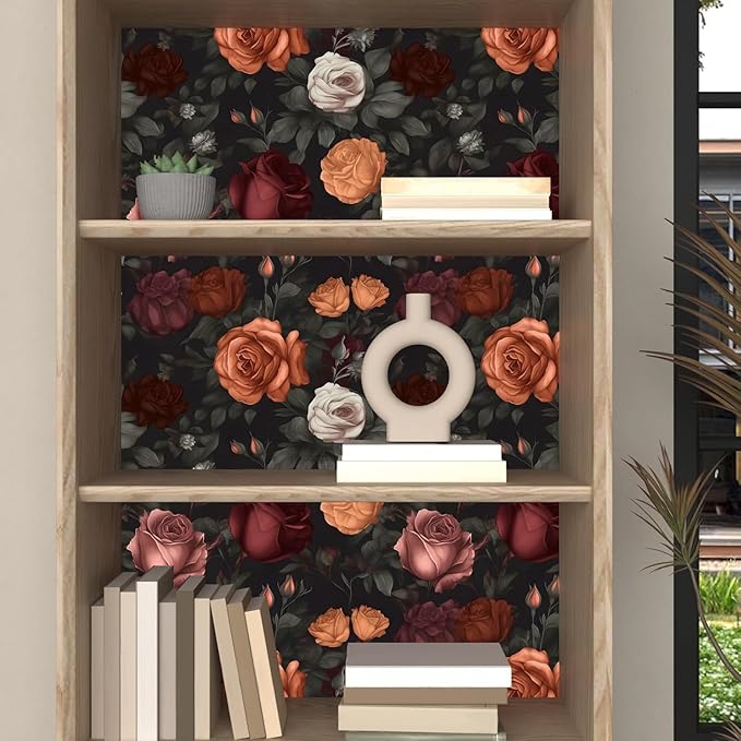 Laatse Dark Floral Peel and Stick Wallpaper Vintage Orange/Red Floral Contact - Image 3