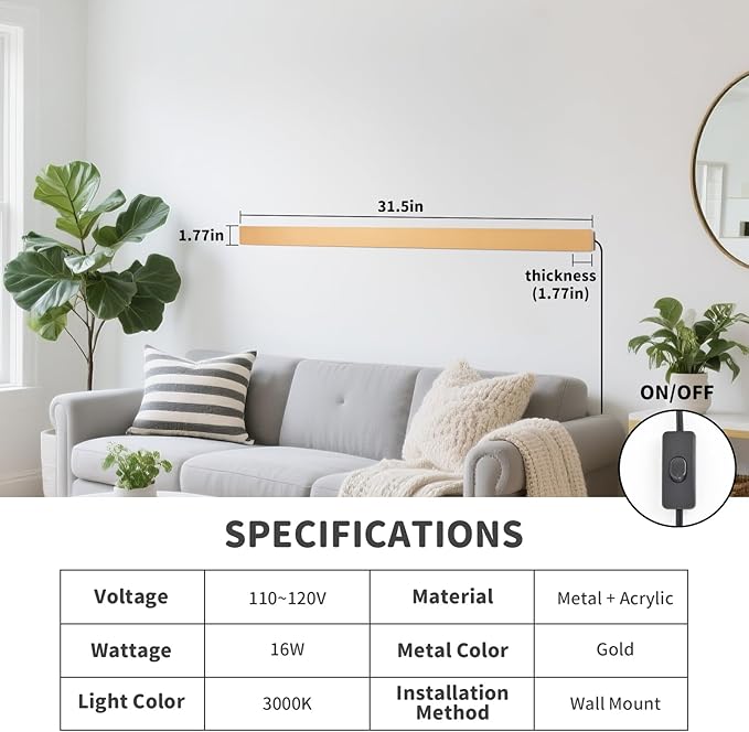 KELUOLY Modern Plug in Wall Lights, 31.4 inch Frosted Gold LED Long Wall Sconce - Image 2