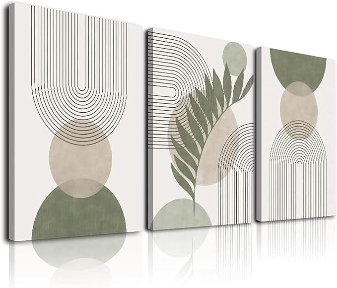 Sage Green Boho Wall Art Set of 3, Minimalist Framed Wall Art Geometric Line by KBKBART
