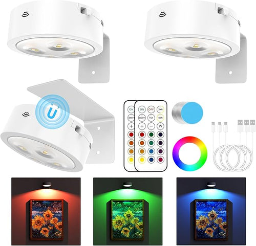 3 Pack Picture Lights for Wall, 13 RGB Color Rechargeable Battery Operated wall by Narotood
