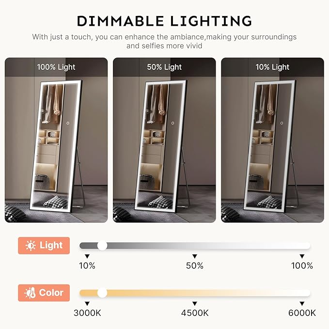 Kosmonia 67x20 Full Length Mirror, Dimmable 3 Color LED Light w/Light Memory - Image 6