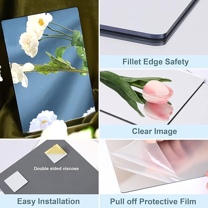 JUNEBRUSHS 8 Pack Self Adhesive Acrylic Mirror, Flexible Plastic Sheets Wall - Image 3