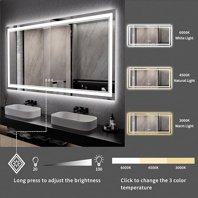 Big Bathroom Mirror, 84x40 Inch Gradient Front and Backlit Lighted Mirror - Image 5