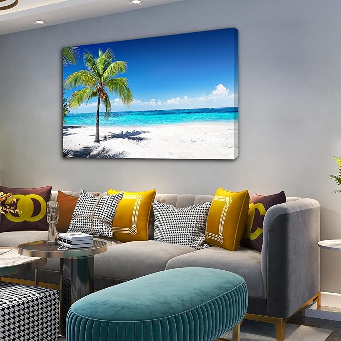 Baisuart-S03969 Large Canvas Wall Art Summer Ocean Waves Prints Coconut Trees - Image 2