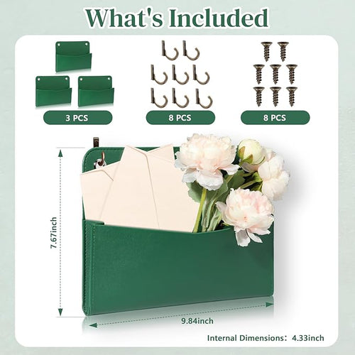 3 PCS Wall Mount PU Leather Mail Holder Green Faux Leather Letter Holder - Image 2