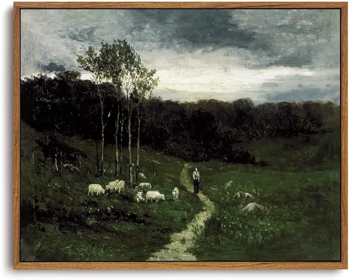 OIQArtOIQ Framed Vintage Landscape Wall Art Shepherd Natural Scenery Oil by OIQArtOIQ