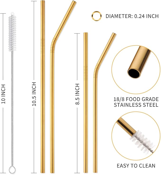 Hiware 12-Pack Gold Stainless Steel Straws Reusable with Case - Metal Drinking Straws for 30oz & 20oz Tumblers Dishwasher Safe, 2 Brushes Included