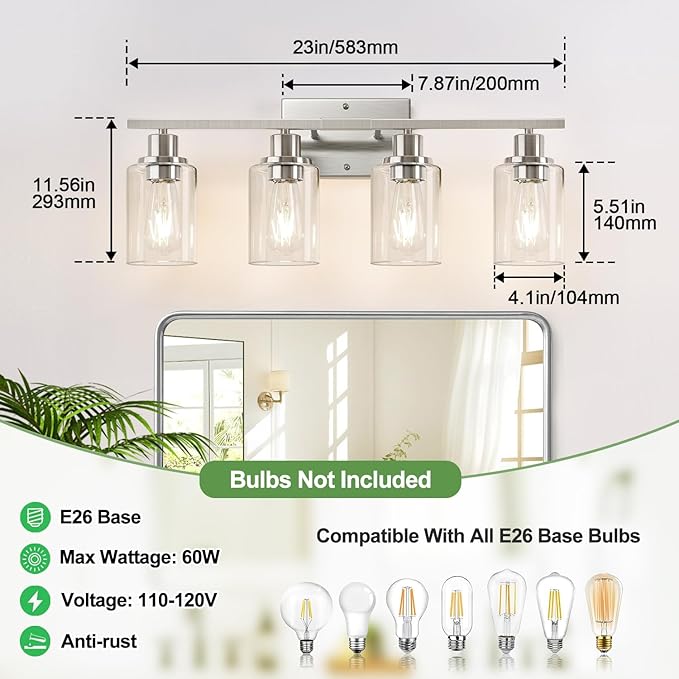 Indoi 4-Light Bathroom Light Fixtures, Brushed Nickel Vanity Lights - Image 8