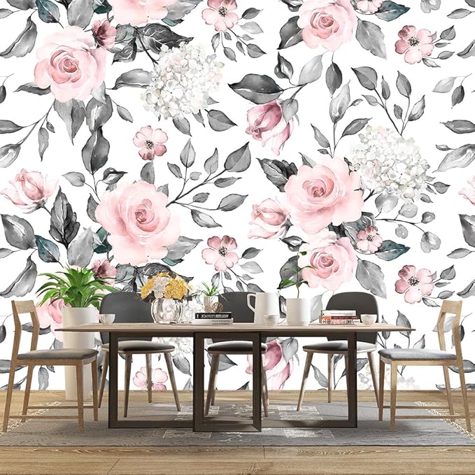 Grey Leaf Pink Flowers Mural Bedroom Floral Wallpaper Room Decor Living Room tv - Image 3