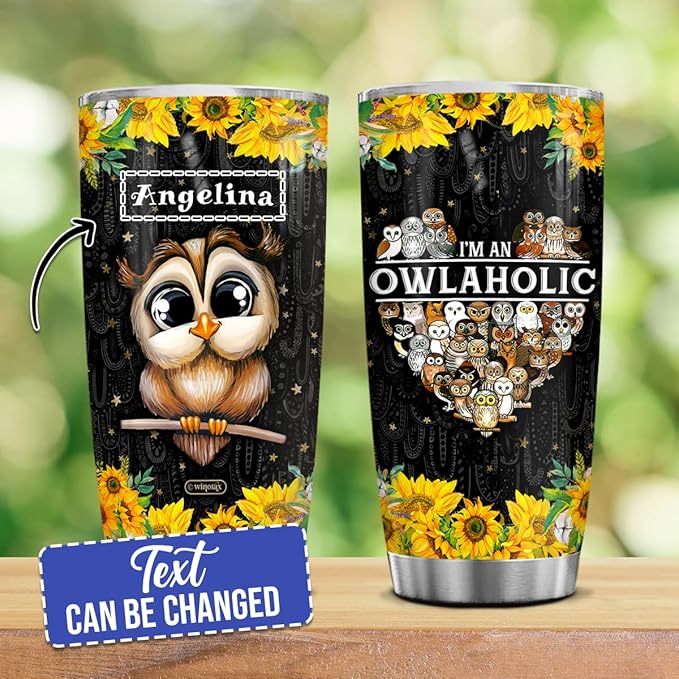 winorax Personalized Sunflower Owl Coffee Tumbler 20oz 30oz Stainless Steel Insulated Travel Mug Birthday Christmas Cup Gifts for Animal Lovers Women Girls