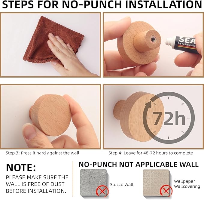 4 Pack Wood Hooks No Damage Wall Hooks Round Rings Adhesive Hooks Clothes - Image 5