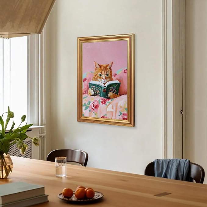 Fantasy Artists Gold Framed Wall Art Prints, Cute Orange Cat Reading a Green - Image 3