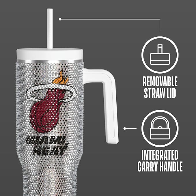 Hydrapeak x NBA Officially Licensed Miami Heat Voyager 40 oz Stainless Steel Bling Tumbler with Handle, Insulated Rhinestone Water Bottle With Straw & Lid, Includes Gift Box