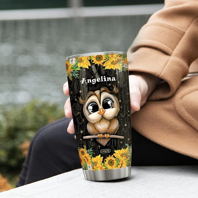 winorax Personalized Sunflower Owl Coffee Tumbler 20oz 30oz Stainless Steel Insulated Travel Mug Birthday Christmas Cup Gifts for Animal Lovers Women Girls