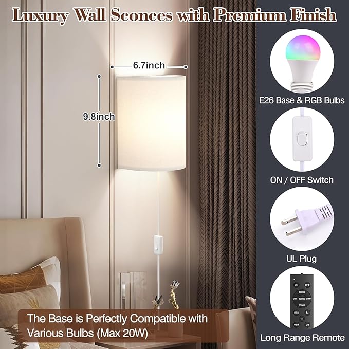 Plug in Wall Sconces Set of Two: Wall Lights - Image 7