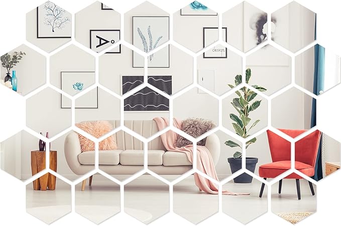 Shappy 32 Pcs Hexagon Mirror Wall Stickers Removable Silver Acrylic Mirror by Shappy