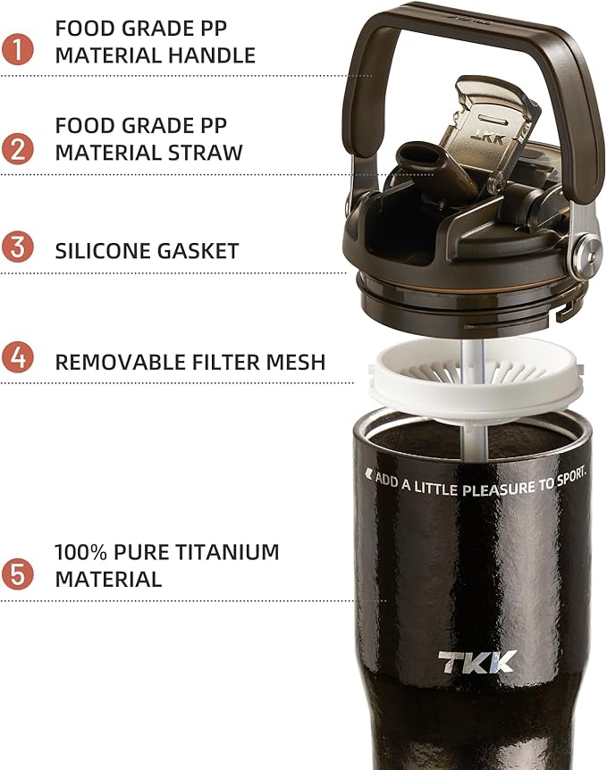 TKK 24oz Pure Titanium Inner Tumbler with Straw Lid, Vacuum Insulated Cup Leakproof Double Walled Travel Mug with Handle, Dishwasher Safe for Hot/Cold Drinks, Titanium Shadow