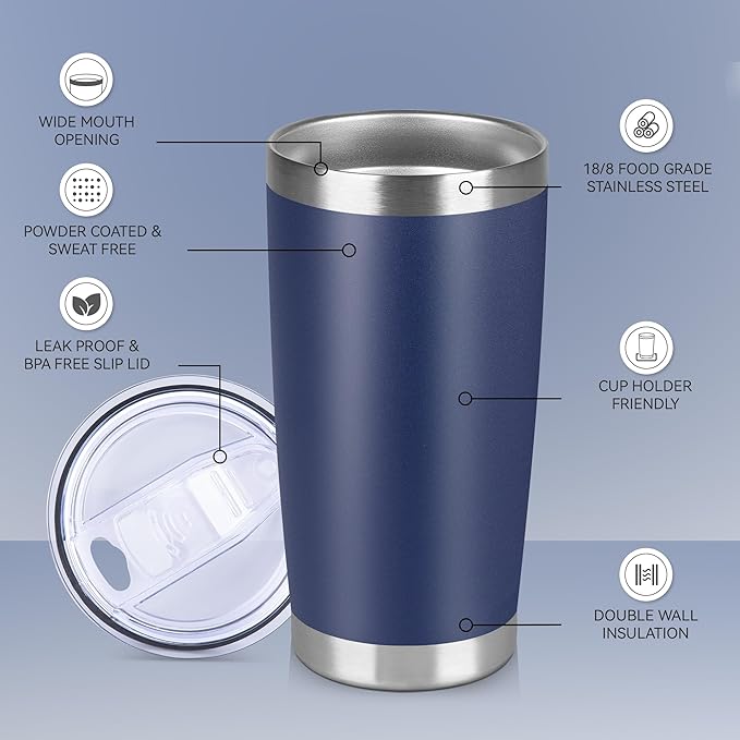 20 oz Tumbler Stainless Steel Tumblers Bulk with Lid Double Wall Insulated Coffee Tumbler Cups for Hot & Cold Drinks Powder Coated Travel Coffee Tumbler Mug Metal (Navy Blue, 12 pack)