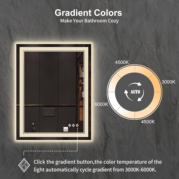 LED Mirror, 28x36 Inch Gradient Front and Backlight Lighted Mirror, 3 Colors - Image 3