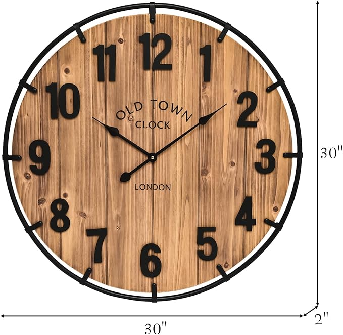 EMAX HOME Large Old Town Farmhouse Wall Clock 30 Inches Rustic Antique Wood - Image 5