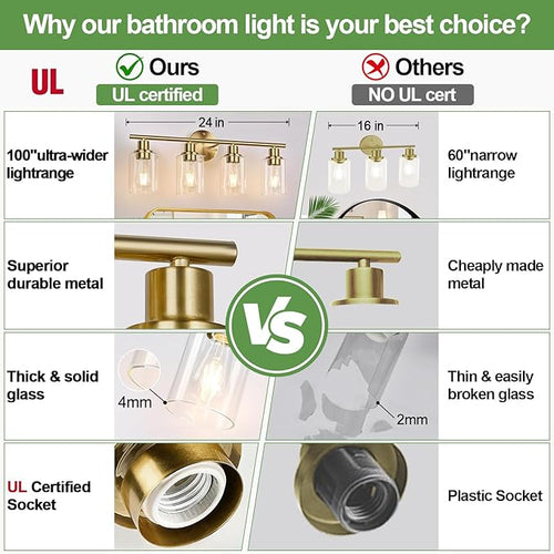 4-Light Bathroom Light Fixtures, Brushed Gold Modern Vanity Lights Over Mirror - Image 2