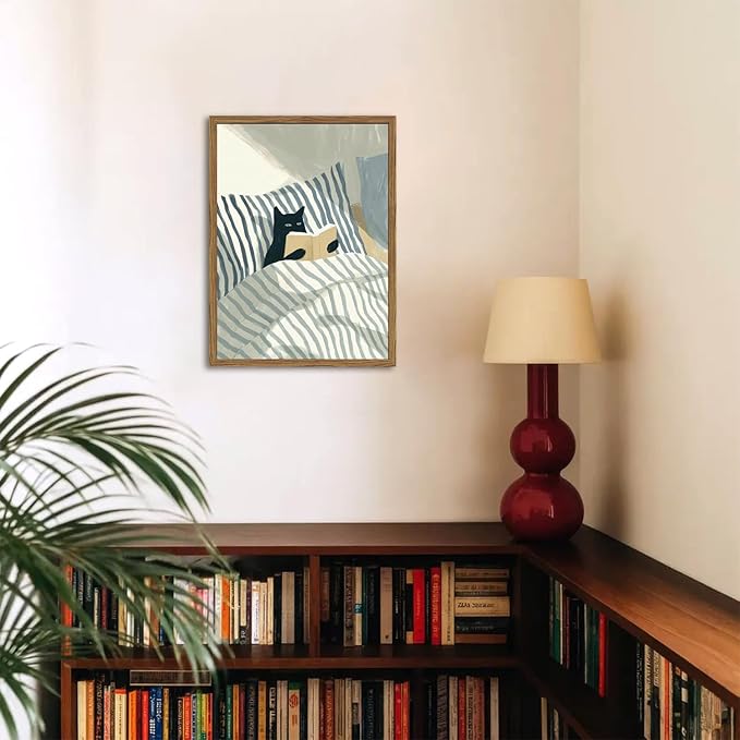 Funny Black Cat Wall Art Painting, Whimsical Cat in Stripe Bed Reading Wall - Image 4