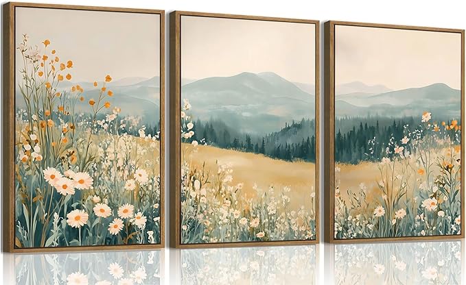 KISSFOX 3 Piece Framed Wildflower Wall Art Floral Wall Decor Landscape Flower by KISSFOX