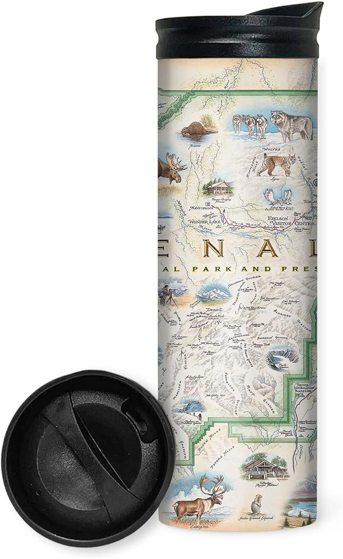 Xplorer Maps Denali National Park Map 16 Oz Travel Drinkware with Spill-Resistant Lid - Stainless Steel Vacuum Insulated Coffee Tumbler