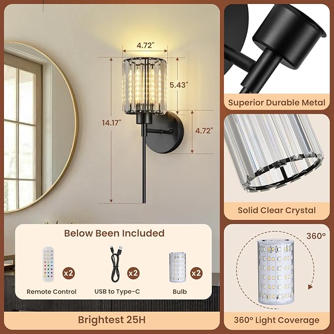 Crystal Battery Operated Wall Sconces, 12 Colors and 3CCT Dimmable Crystal Wall - Image 7