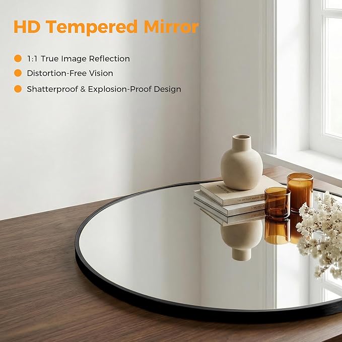 OLIXIS 24 Inch Black Round Bathroom Wall Mirror, Round Bathroom Mirrors - Image 4