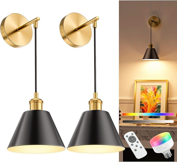 NIORSUN Gold & Black Battery Operated Wall Sconce Set of 2, 5200mAh Dimmable by NIORSUN