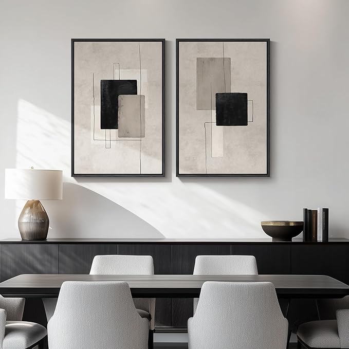 Framed Neutral Abstract Wall Art Set of 2, Minimalist Block Lines Pictures - Image 4
