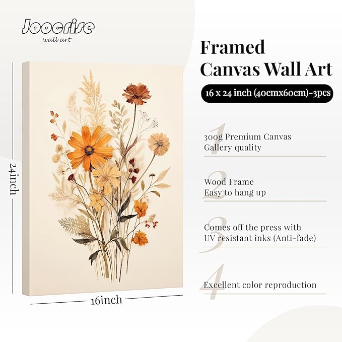 Botanical Floral Wall Art Set of 3 Vintage Wildflower Canvas Wall Decor - Image 2