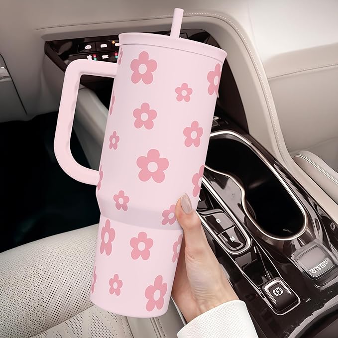 SANDJEST Floral Tumbler with Handle and Straw 40oz Stainless Sleel Slider Tumbler Travel Coffee Mug for Women - Gift Idea for Birthday Christmas