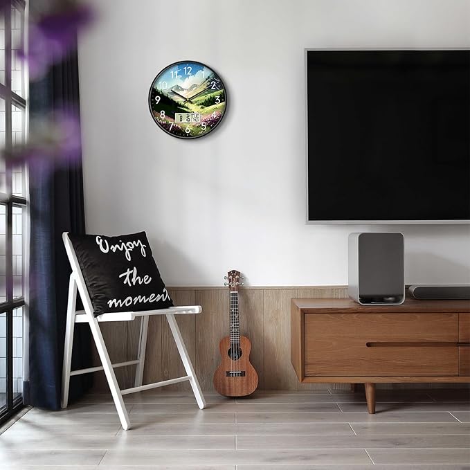 12'' Silent Non-Ticking Rustic Mountain Wildflowers Wall Clock, Battery - Image 5