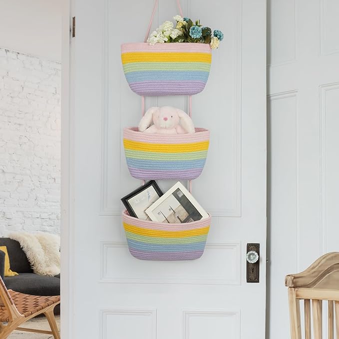 TeoKJ Over the Door Hanging Basket, 3-Tier Woven Cotton Wall-Mounted Storage - Image 6