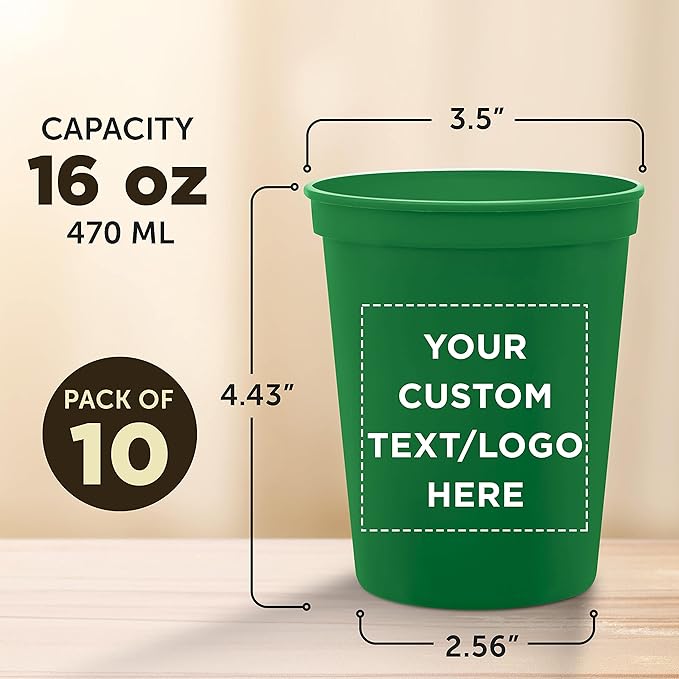 DISCOUNT PROMOS Custom Plastic Stadium Cups 16 oz. Set of 10, Personalized Bulk Pack - Perfect for Birthdays, Weddings, Picnic, Beach, Parties - Kelly Green